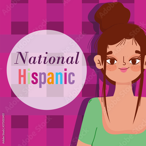 national hispanic heritage month, young woman cartoon character, checkered background