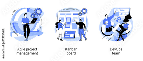 Software development company abstract concept vector illustration set. Agile project management, kanban board, devOps team, scrum meeting, project life cycle, stakeholder, testing abstract metaphor.