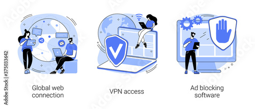Network access abstract concept vector illustration set. Global web connection, VPN access, Ad blocking software, remote proxy server, web browser, IT technology, plug-in extension abstract metaphor.