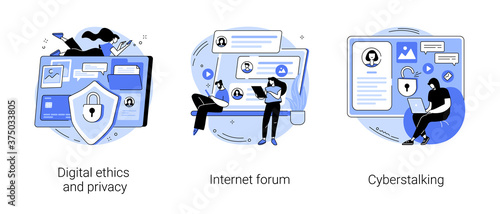 Internet privacy violation abstract concept vector illustration set. Digital ethics and privacy, Internet forum, cyberstalking, data protection, user information, social media abstract metaphor.