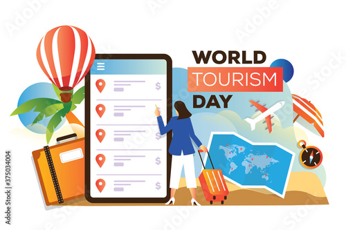 world tourism day with a woman bring a suitcase in front of big screen phone beach with tropical vibes