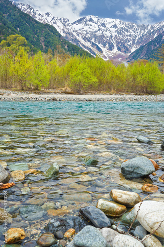 Azusa clear river and Hotaka mountains with Kappa bridge in Kamikochi, Nagano, Japan. photo