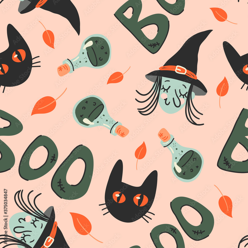 Halloween vector seamless pattern with cute witches, potion, cats and autumn leaf. Doodle style scary illustration. Kids background