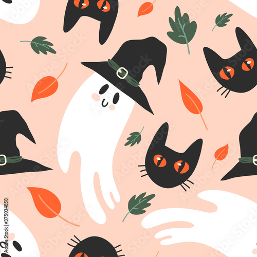 Seamless vector cute halloween pattern with cartoon ghosts, cats and witch hats. Autumn funny background for your design