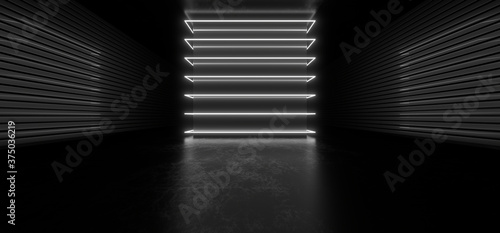 Dark hall with bright white neon lights on a black background. 3d rendering image.
