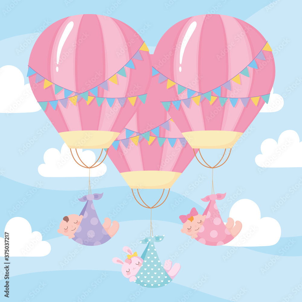 Φωτογραφία baby shower, cute babies flying in hot air balloons, celebration welcome newborn