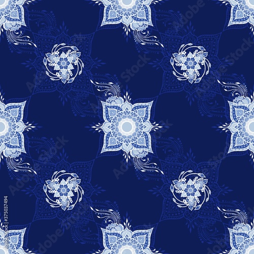 Flower henna tribal illustration doodle tattoo design for seamless pattern vector for printing fabric background with blue Porcelain background 