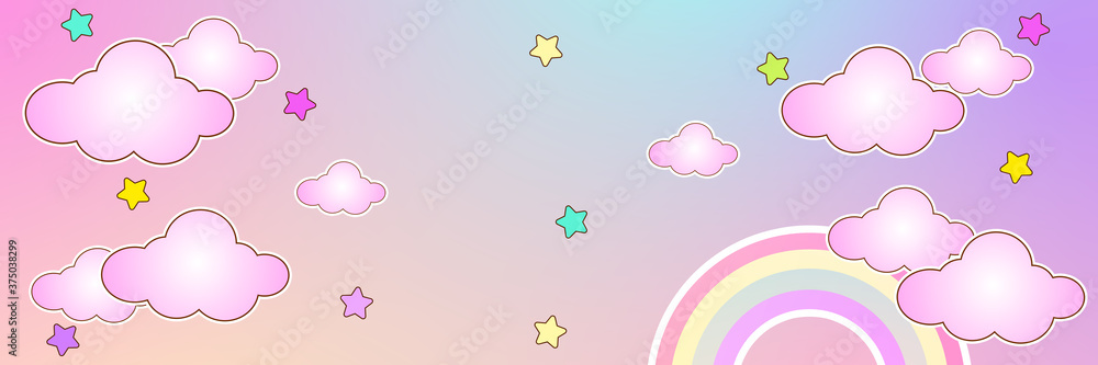 Abstract creative kawaii Art Style Unicorn. Colorful sky rainbow background. Soft gradient pastel comic graphic. Concept design for poster, cover, branding, banner, website, presentation