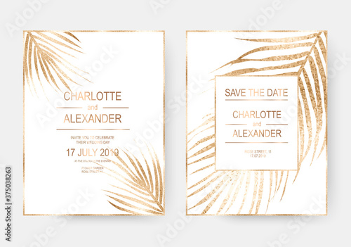 Gold tropical palm leaves frames design invitation template background.