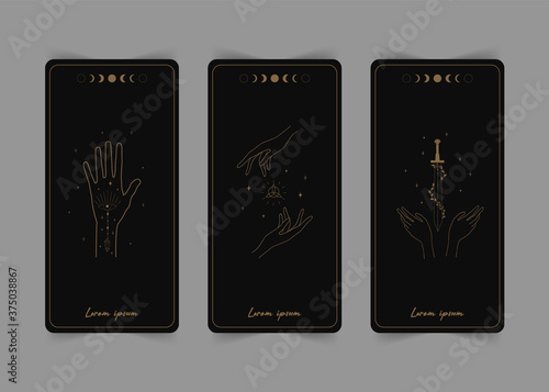 Magical tarot cards. The reverse side. Magic and esoteric. Tarot vector illustration in boho style with mystic symbols, crystals and line art stars. Witchcraft concept for tarot readers.