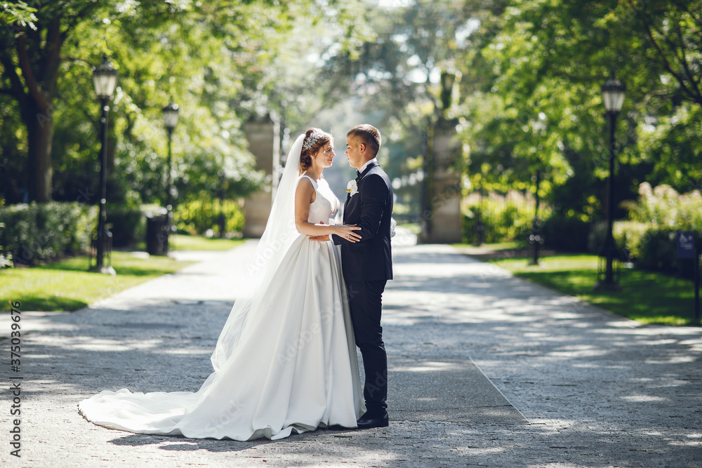 Elegant bride in a white dress and veil. Handsome groom in a blue suit. Couple in a summer park