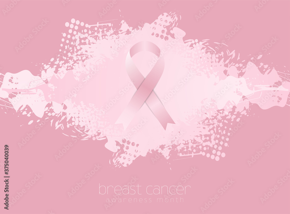 Breast cancer awareness month. Grunge blot background and pink ribbon tape. Women healthcare abstract vector design Breast cancer awareness month. Grunge blot background and pink ribbon tape. Women healthcare abstract vector design