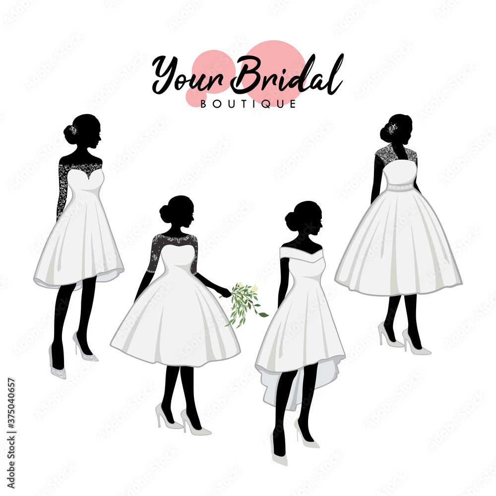 Beautiful Short Dress Bridal Boutique Logo Ideas Set, Gown Logo, Beautiful Bride with Flower Bouquet, Vector Design Template