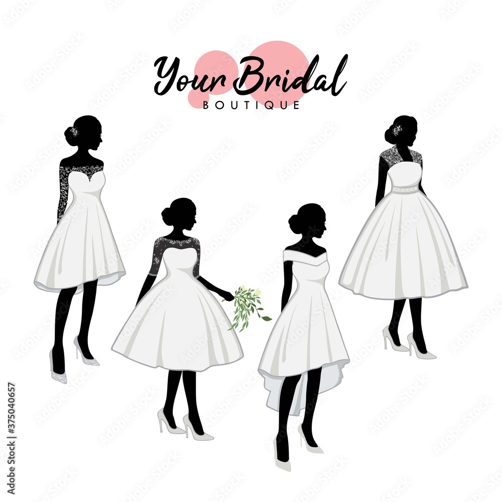 Beautiful Short Dress Bridal Boutique Logo Ideas Set, Gown Logo, Beautiful Bride with Flower Bouquet, Vector Design Template Beautiful Short Dress Bridal Boutique Logo Ideas Set, Gown Logo, Beautiful Bride with Flower Bouquet, Vector Design Template