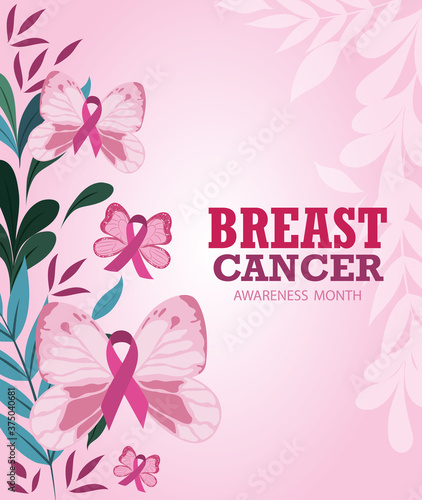 breast cancer awareness month ribbon butterflies pink blur background
