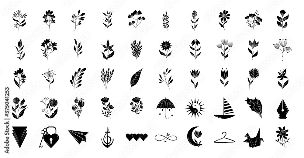 minimalist tattoo floral shapes and different icons silhouette art on white background Stock Vector