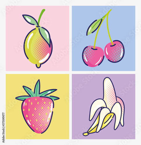 pop art cartoon, fruits strawberry cherry banana and mango, comic halftone design