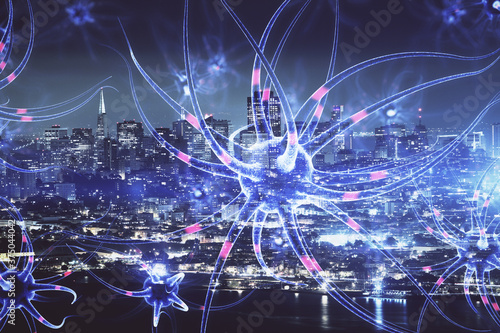 Double exposure of neuron drawing icon and cityscape background. Concept of education.