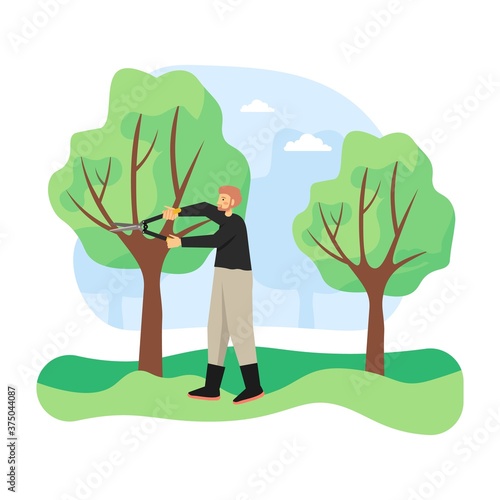 Young man, gardener pruning tree by cutting away dead branches with pruner, flat vector illustration