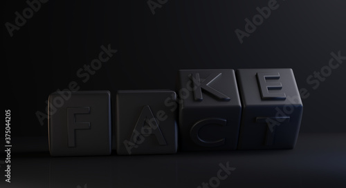 concept of fact or fake. dice with bold letters dark creative design background 3d-illustration