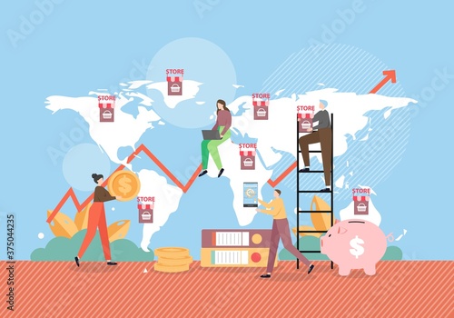 Franchise store signs on world map, people with money, mobile phone, laptop, flat vector illustration.