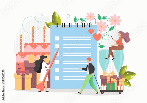 Wedding planner services. Tiny people making wedding planning checklist, flat vector illustration