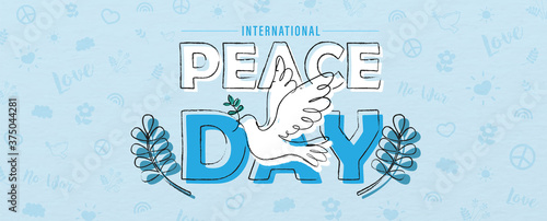 Hand draw and one line style in a peace dove shape on the name of event lettering, olive plants and peace day object pattern and blue background.