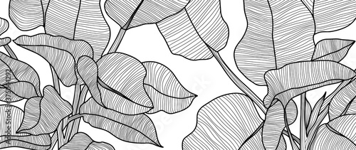 Luxury black and white art deco wallpaper. Nature background  with  with compositions of hand drawn tropical flowers, Plants, paradise bouquet. Vector illustration.