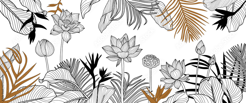 Luxury golden art deco wallpaper. lotus  background vector. Floral pattern with golden tropical flowers, monstera plant, Jungle plants line art on white background. Vector illustration. - obrazy, fototapety, plakaty 