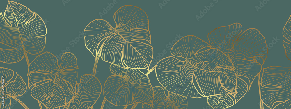 Luxury golden art deco wallpaper. Nature background vector. Floral pattern with golden split-leaf Philodendron plant with monstera plant line art on green emerald color background.  - obrazy, fototapety, plakaty 