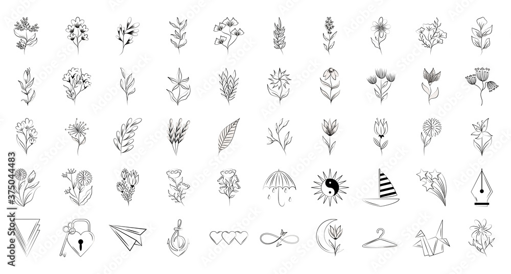 minimalist tattoo floral shapes and different icons line art on white background