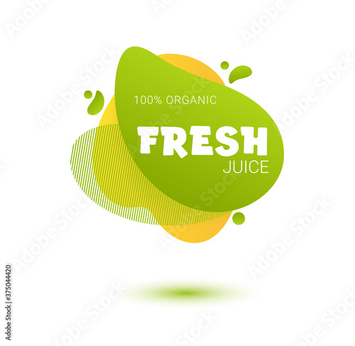 Fresh juice tag. Bright splash shiny stickers, organic emblems, tags and labels. For badges of fresh market, detox, farmers market, eco shop, smoothies drinks, juice cafe, green bar.