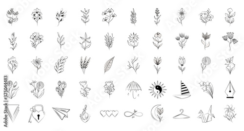 minimalist tattoo floral shapes and different icons line art on white background © Stockgiu