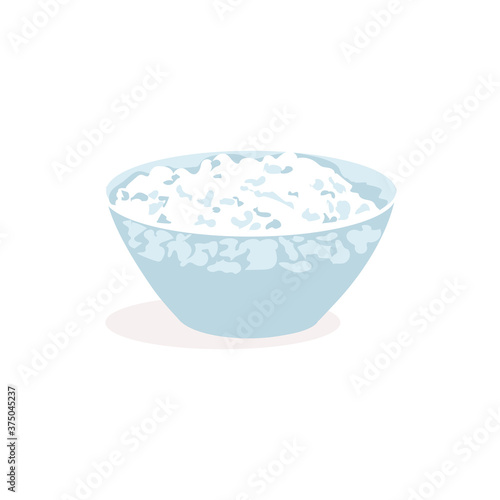 Cottage cheese bowl. Natural fresh healthy nutrition dairy product in transparent plate flat vector illustration isolated on white background