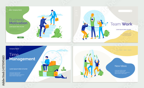 Business motivation, teamwork landing page set. Time management, new ideas presentation, website, web page template. Business success concept flat vector illustration