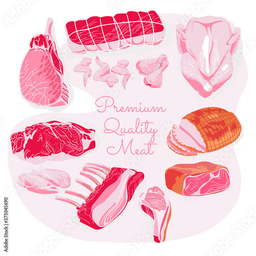 Premium quality meat banner template. Assortment of fresh meat products, sausages, ham. Butchery shop, farm market or processing plant design vector illustration