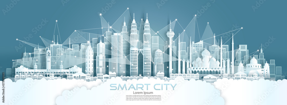 Naklejka premium Technology wireless network communication smart city with architecture in Malaysia.