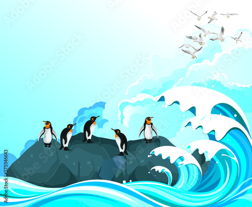 Penguins on rocky outcrop sheltering from rough seas set against a blue cloudy sky