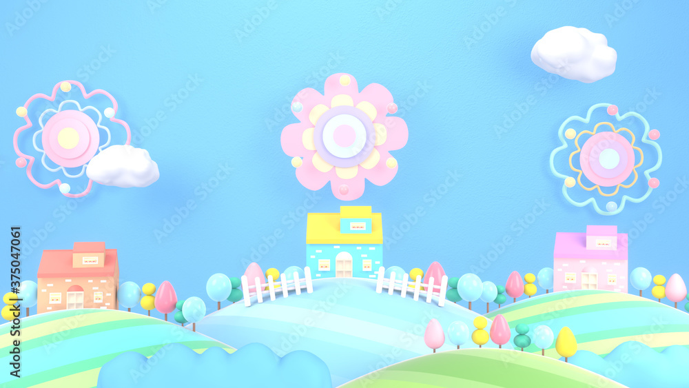 3d render cartoon mountain landscape and houses. Colorful trees, flower-like fireworks paper art, white clouds in the blue sky. 3d render cartoon mountain landscape and houses. Colorful trees, flower-like fireworks paper art, white clouds in the blue sky.