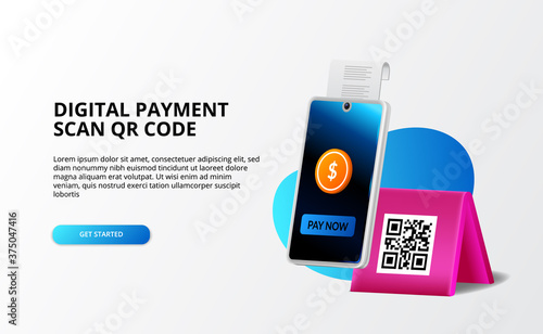 Digital payment, Cashless concept. pay with phone and scan qr code, digital banking and money 3d illustration concept for landing page