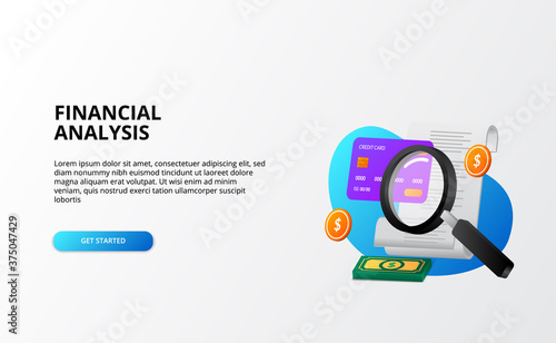 auditing finance analysis concept. economy business concept. magnifying glass, bils, credit card, money 3d fun modern gradient landing page