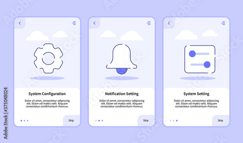 System configuration notification setting system setting onboarding screen for mobile apps template banner page UI with three variations modern flat outline style
