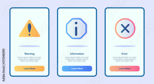 Warning information error for mobile apps template banner page UI with three variations modern flat color style