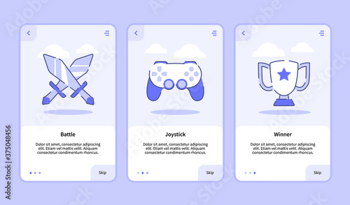 Battle joystick winner onboarding screen for mobile apps template banner page UI with three variations modern flat outline style.