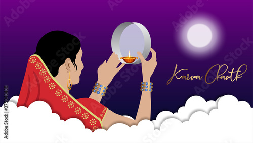 vector illustration of Happy Karwa Chauth festival card with gold style Background.