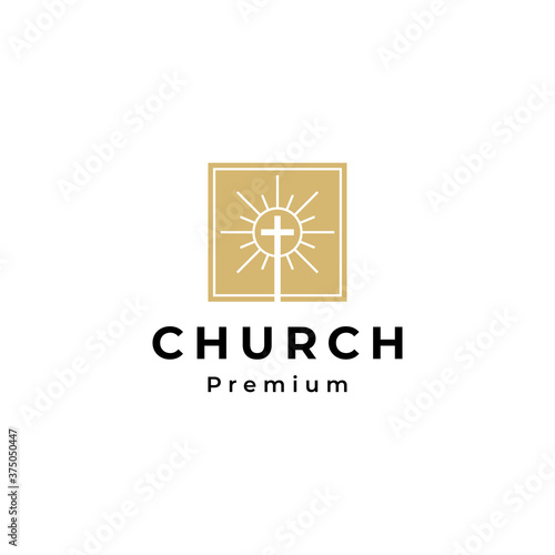 Christian church with sun logo in square frame vector illustration
