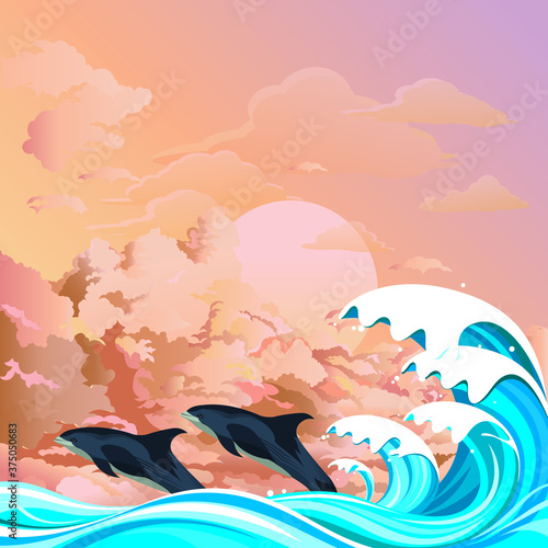 Dolphins or porpoises leaping out of the water in front of ocean waves set against a dawn or dusk pink sky