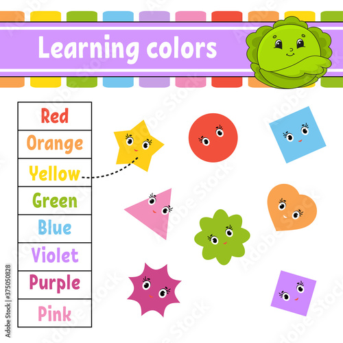 Learning colors. Education developing worksheet. Activity page with pictures. Game for children. Isolated vector illustration. Funny character. Cartoon style.