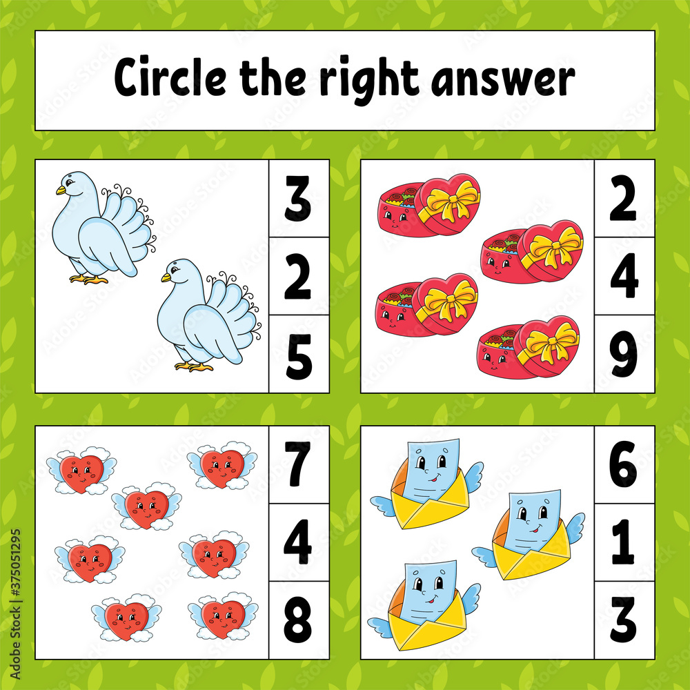 Circle the right answer. Education developing worksheet. Activity page with pictures. Valentine's Day. Game for children. Color isolated vector illustration. Funny character. Cartoon style.
