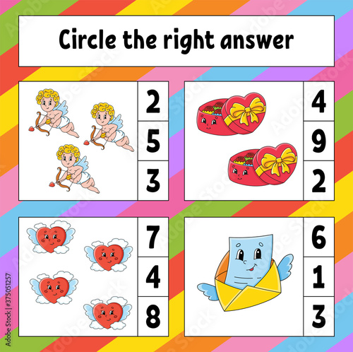 Circle the right answer. Education developing worksheet. Activity page with pictures. Valentine's Day. Game for children. Color isolated vector illustration. Funny character. Cartoon style.